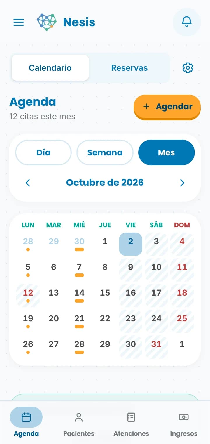 Agenda de Nesis en vista mensual, con los días que tienen citas señalados.