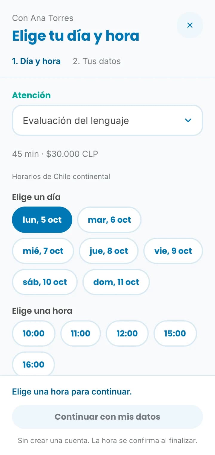 Selector de reserva con días y horas disponibles en una consulta ficticia.